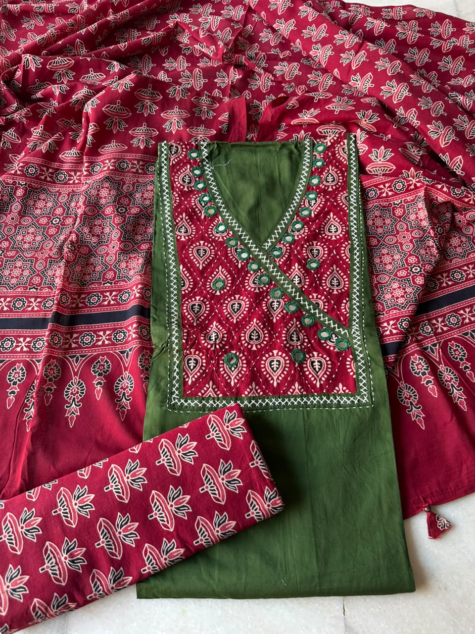 Green Shade Cotton Suit Set with Angrakha Mirror Patchwork Yoke & Ajrakh Cotton Dupatta