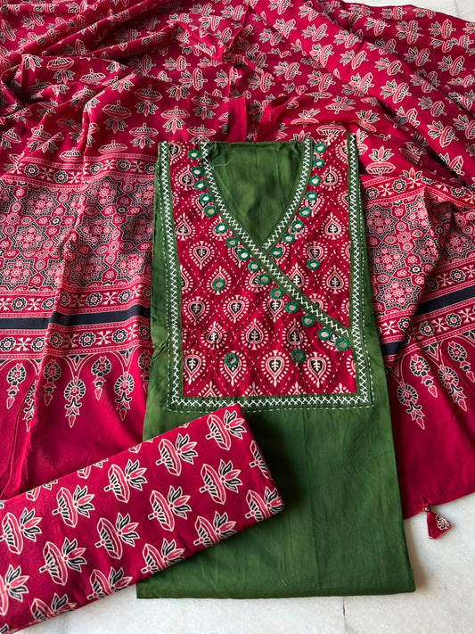Green Shade Cotton Suit Set with Angrakha Mirror Patchwork Yoke & Ajrakh Cotton Dupatta
