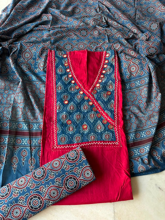 Red Shade Cotton Suit Set with Angrakha Mirror Patchwork Yoke & Ajrakh Cotton Dupatta