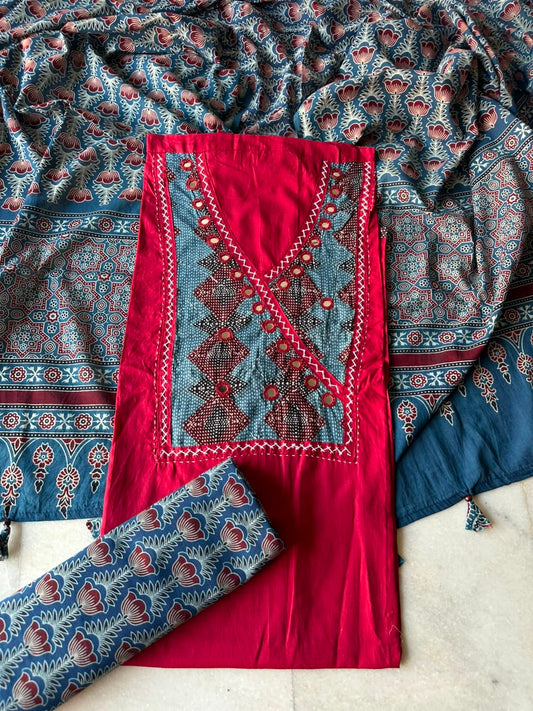 Red Shade Cotton Suit Set with Angrakha Mirror Patchwork Yoke & Ajrakh Cotton Dupatta