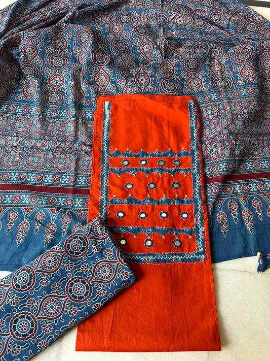 Deep Orange Shade Cotton Suit Set with Mirror Patchwork Yoke & Ajrakh Cotton Dupatta