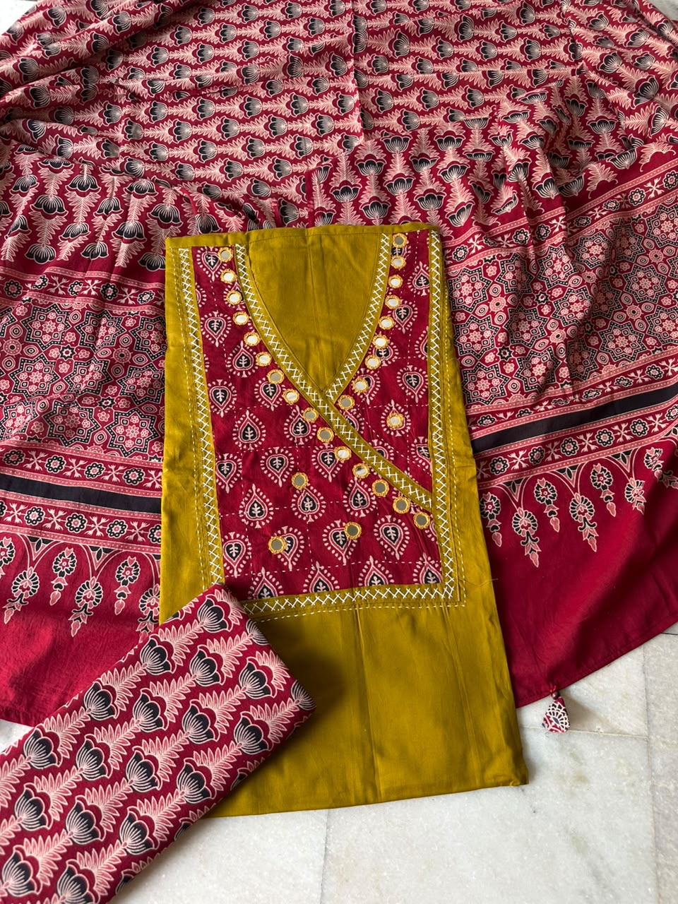 Mustard Green Cotton Suit Set with Angrakha Mirror Patchwork Yoke & Ajrakh Cotton Dupatta