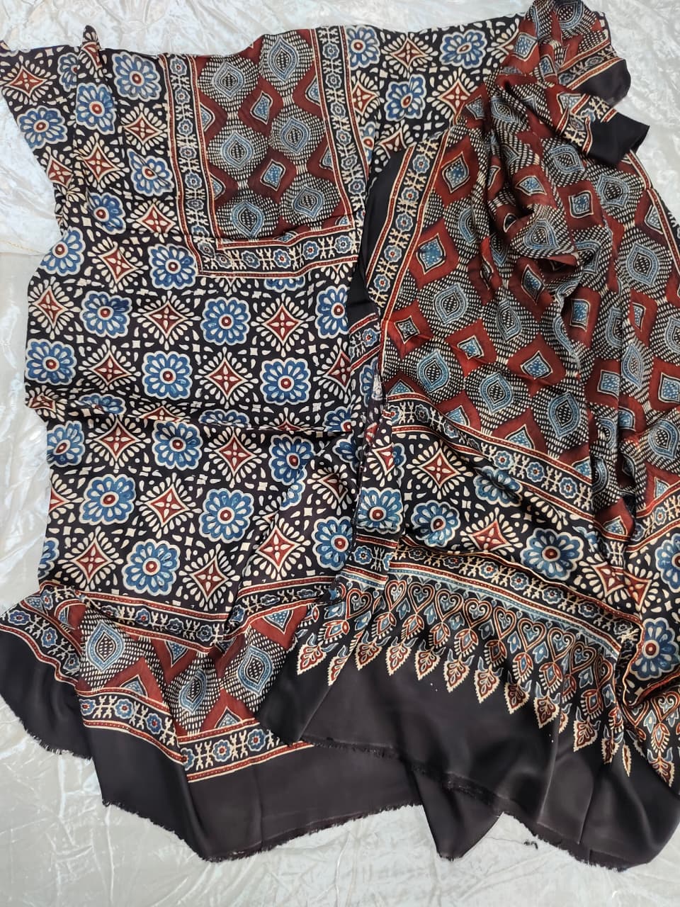 Blue Black Modal Silk Hand Block Print 2pc Suit Material with Modal Silk Dupatta