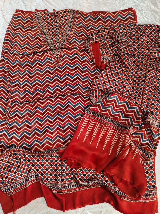 Red Classic ZigZag Motif Modal Silk Hand Block Print 2pc Suit Material with Modal Silk Dupatta