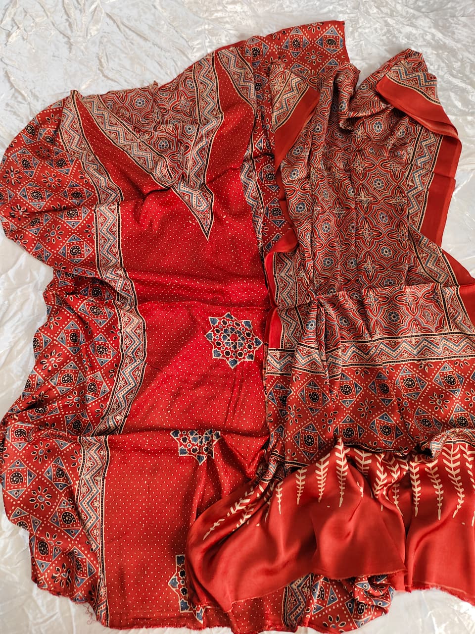 Red Classic Hexagon Floral Motif Modal Silk Hand Block Print 2pc Suit Material with Modal Silk Dupatta