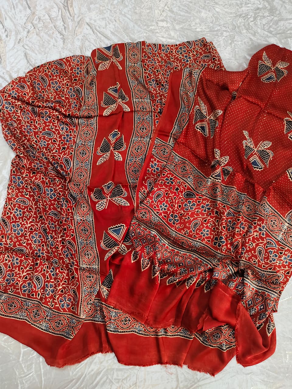 Red Classic Floral Jaal Motif Modal Silk Hand Block Print 2pc Suit Material with Modal Silk Dupatta