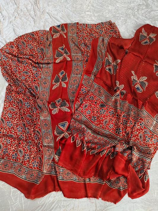 Red Classic Floral Jaal Motif Modal Silk Hand Block Print 2pc Suit Material with Modal Silk Dupatta