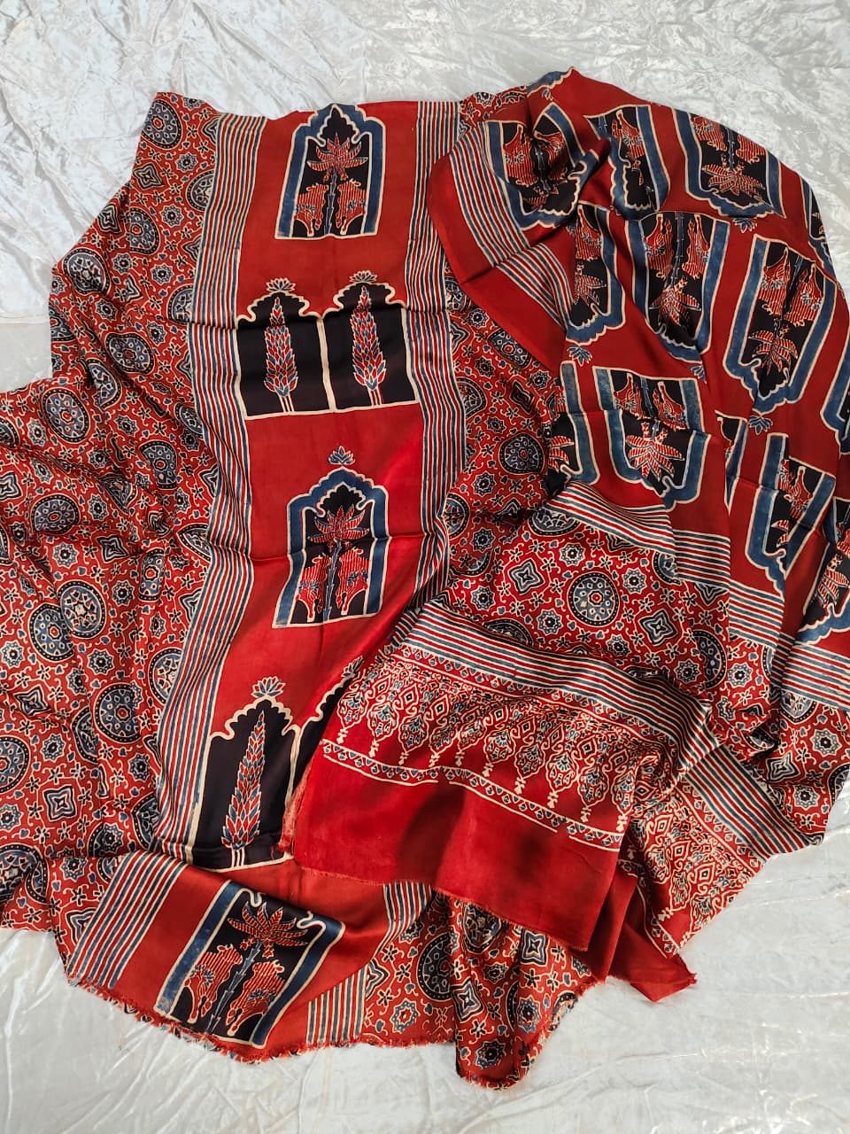 Red Classic Jharokha Motif Modal Silk Hand Block Print 2pc Suit Material with Modal Silk Dupatta