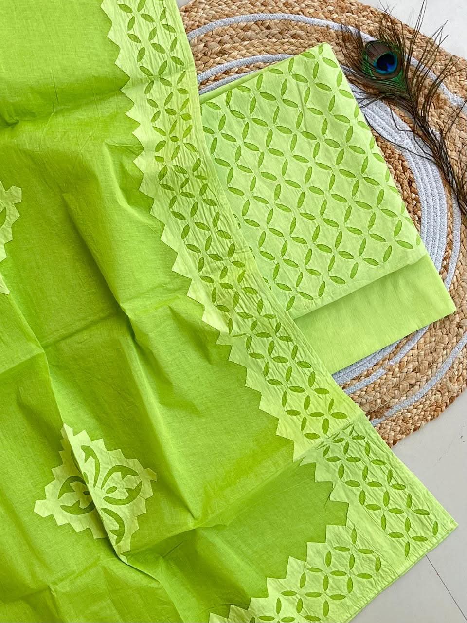 Chatreuse Green Barmer Applique Cut Work Cotton 3pc Suit Material Set