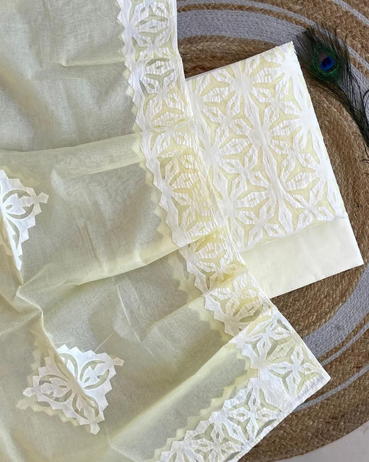 Light ButterCream Barmer Applique Cut Work Cotton 3pc Suit Material Set
