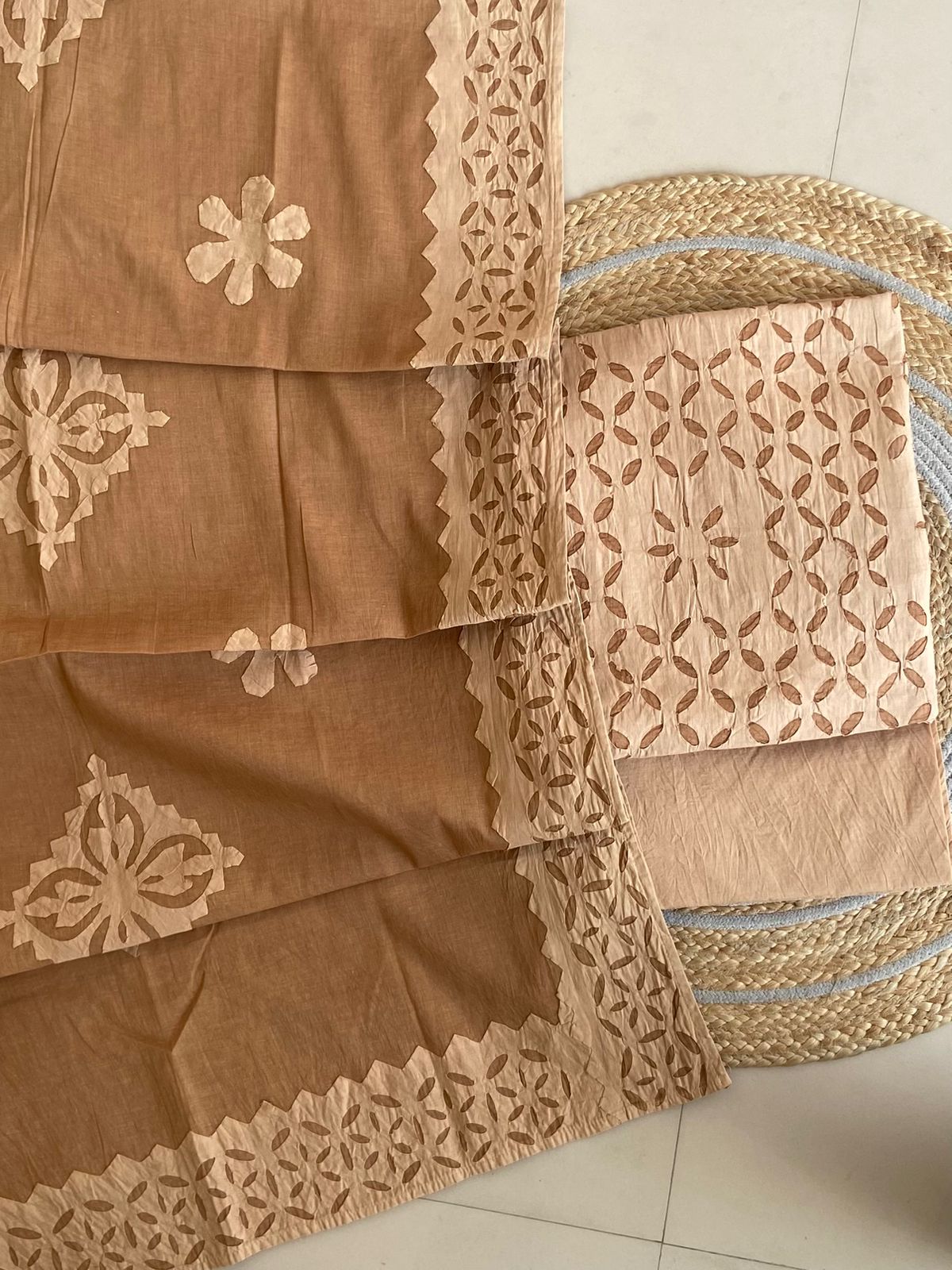 Filter Kaapi Shade Barmer Applique Cut Work Cotton 3pc Suit Material Set