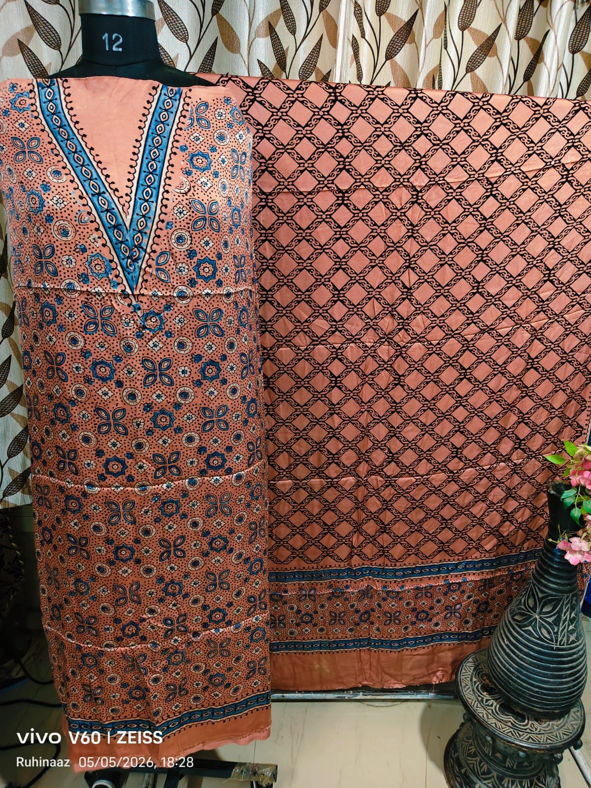 Earthy Brown Flower Motif Hand Block Modal Silk 2pc with Modal Silk Dupatta