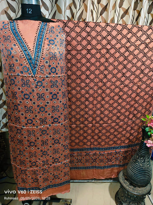 Earthy Brown Flower Motif Hand Block Modal Silk 2pc with Modal Silk Dupatta