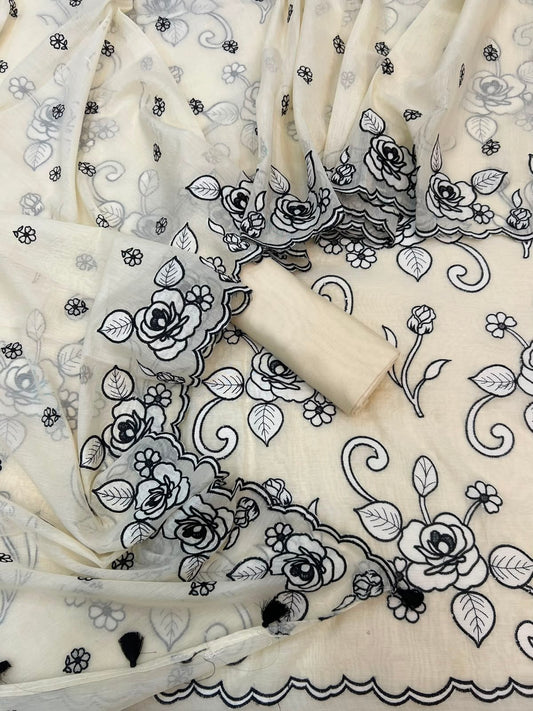 Rose Pure Mul Chanderi Applique CutWork Black Thread Embroidery (Dyeable)-3Pc