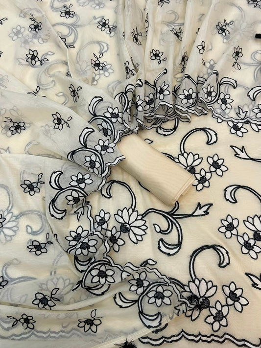 Sunflower Pure Mul Chanderi Applique CutWork Black Thread Embroidery (Dyeable)-3Pc