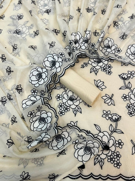 Chinese Rose Pure Mul Chanderi Applique CutWork Black Thread Embroidery (Dyeable)-3Pc