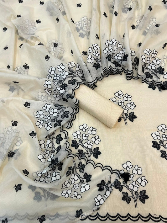 Cluster Flower Pure Mul Chanderi Applique CutWork Black Thread Embroidery (Dyeable)-3Pc