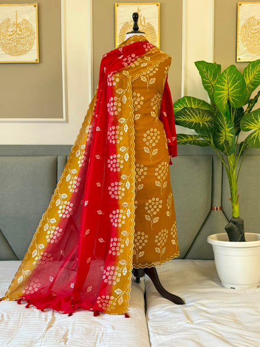 Mustard & Red Dual Shade Mul Chanderi Thread Embroidered Kurta Dupatta with Matching Bottom