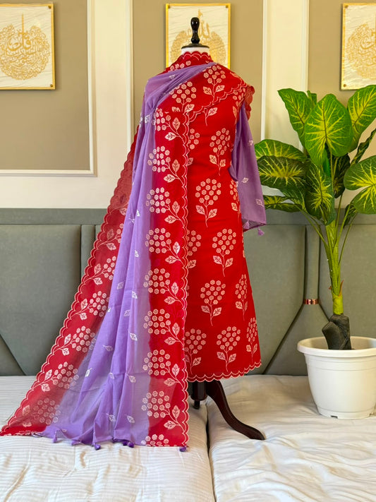 Red & Purple Dual Shade Pure Mul Chanderi Thread Embroidered Suit Set-3Pc