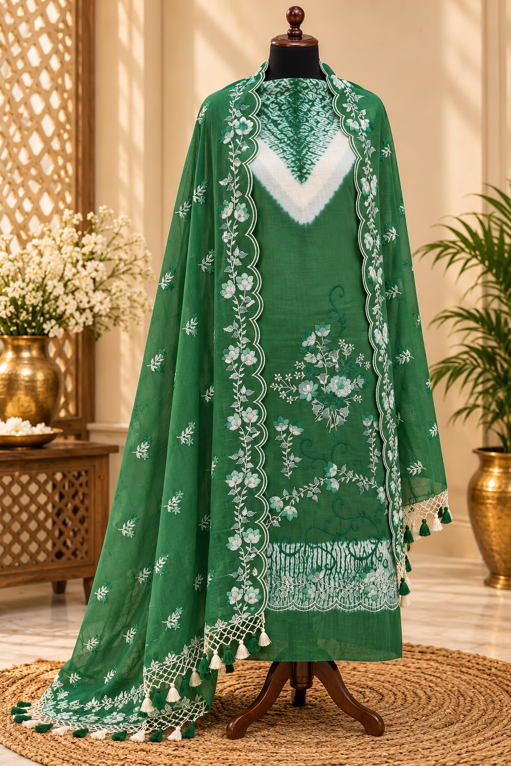 Green Shade Pure Mul Chanderi Thread Embroidered Suit Set with Shibori Pattern-3Pc