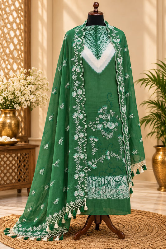 Green Shade Pure Mul Chanderi Thread Embroidered Suit Set with Shibori Pattern-3Pc
