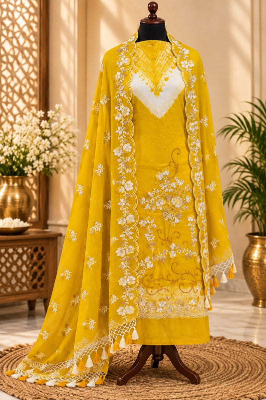 Yellow Shade Pure Mul Chanderi Thread Embroidered Suit Set with Shibori Pattern-3Pc