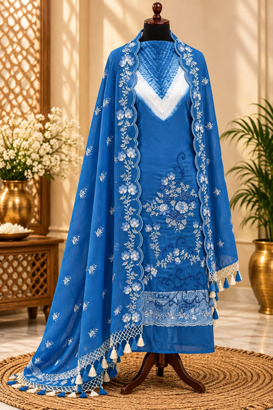 Blue Shade Pure Mul Chanderi Thread Embroidered Suit Set with Shibori Pattern-3Pc