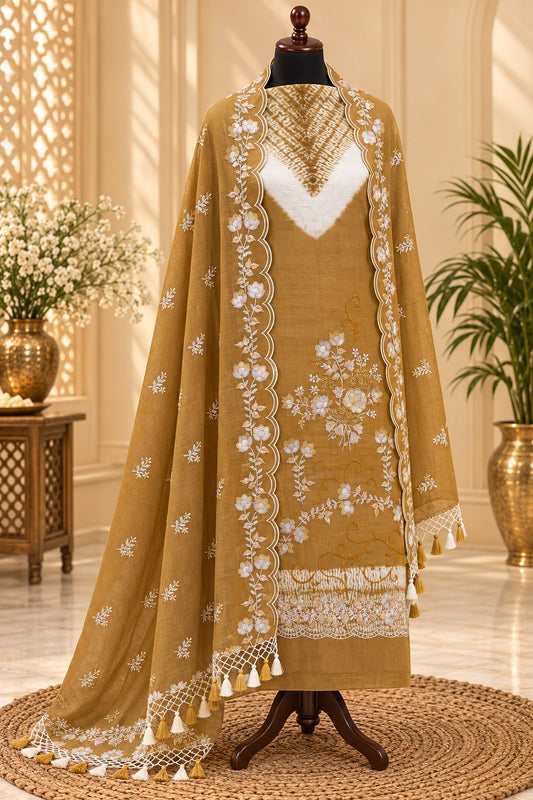 Brown Shade Pure Mul Chanderi Thread Embroidered Suit Set with Shibori Pattern-3Pc