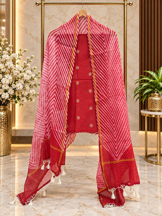 Red Shade Pure Mul Chanderi Suit Set with Woven Booti & Arshi Dye Dupatta-3Pc