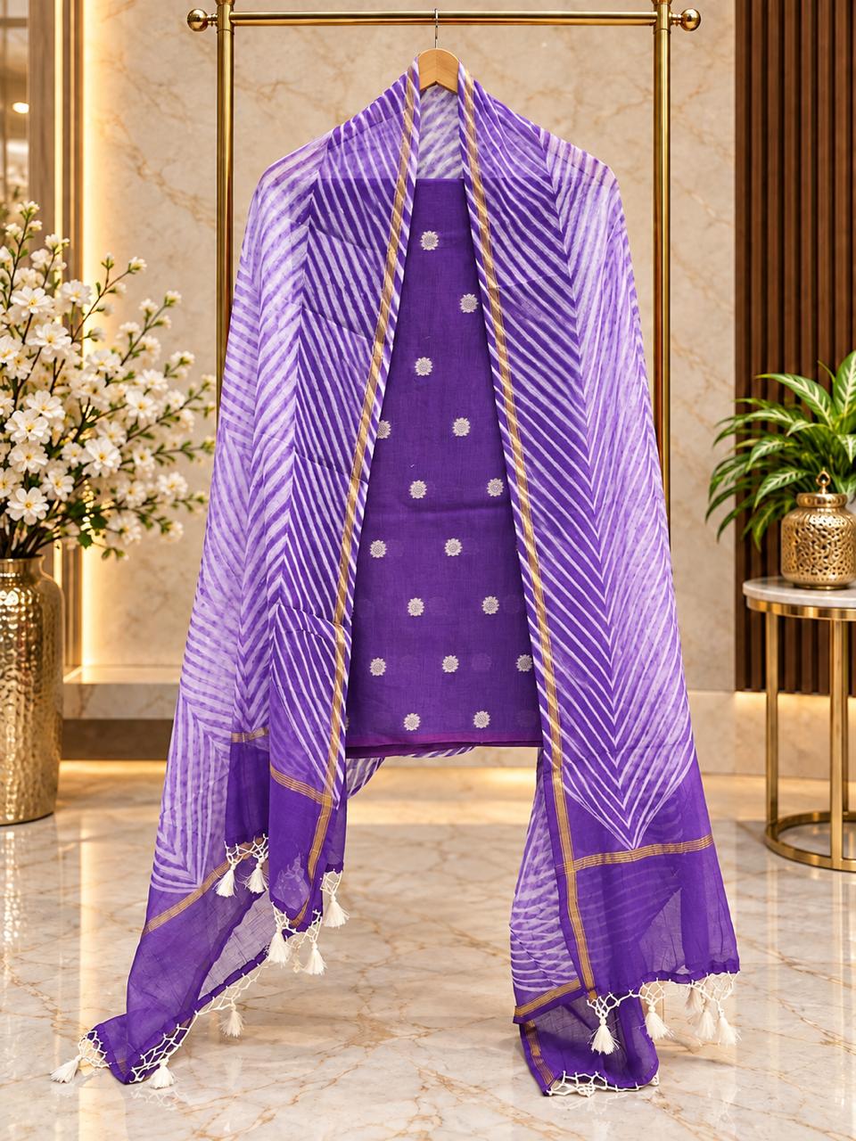 Purple Shade Pure Mul Chanderi Suit Set with Woven Booti & Arshi Dye Dupatta-3Pc
