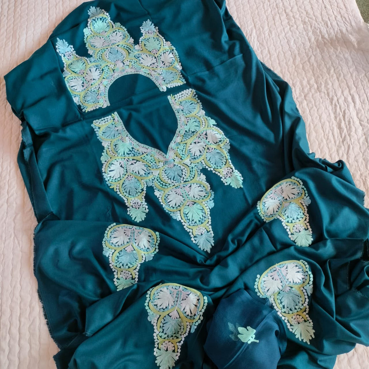 Cyan Blue Pure Rayon Kashmiri Aari Embroidered Suit Set - 3 Pc