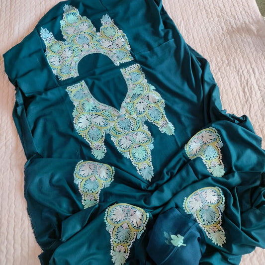 Cyan Blue Pure Rayon Kashmiri Aari Embroidered Suit Set - 3 Pc
