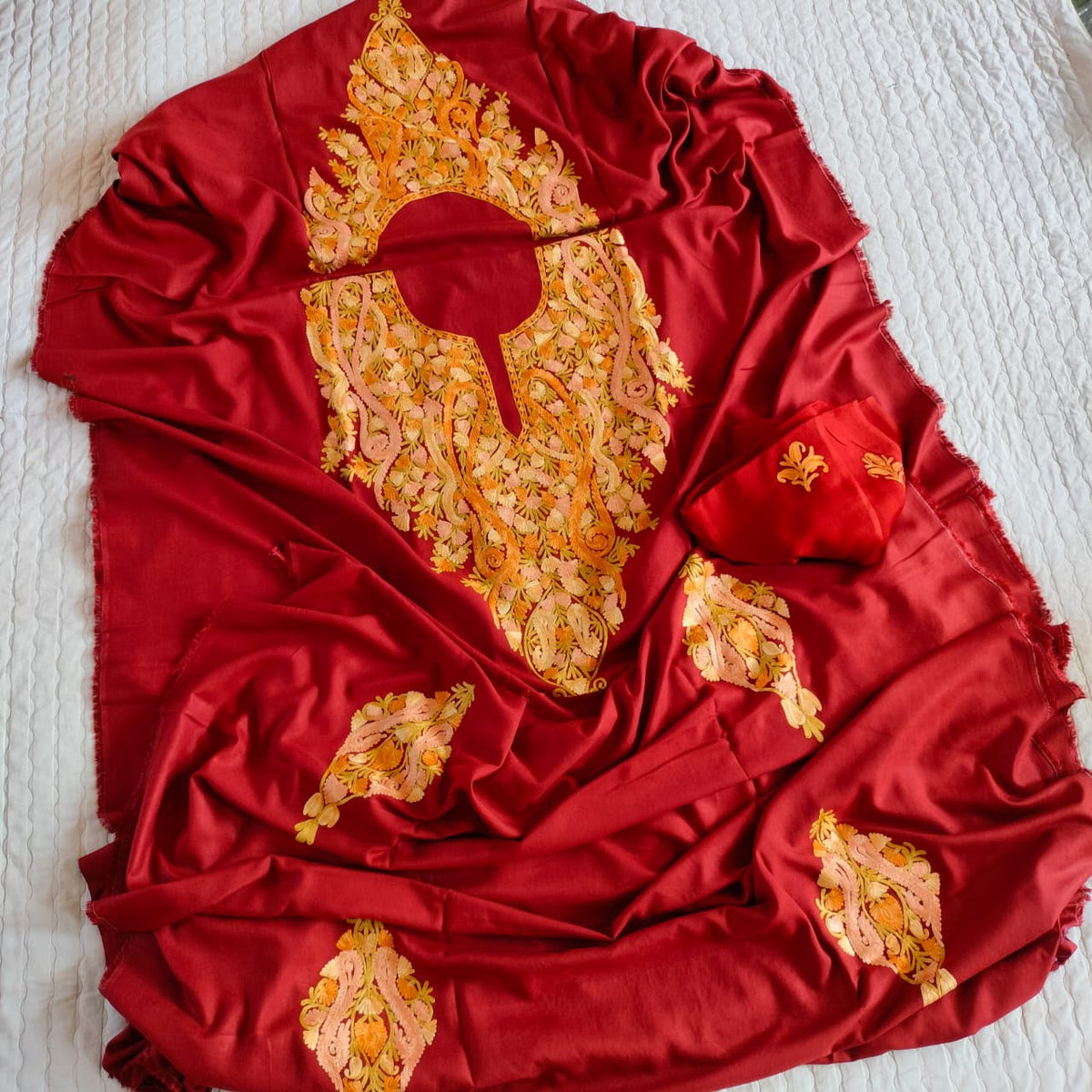 Deep Red Pure Rayon Kashmiri Aari Embroidered Suit Set - 3 Pc
