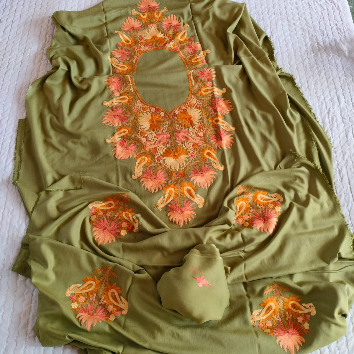 Olive Green Pure Rayon Kashmiri Aari Embroidered Suit Set - 3 Pc
