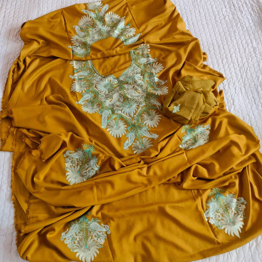 Mustard Shade Pure Rayon Kashmiri Aari Embroidered Suit Set - 3 Pc