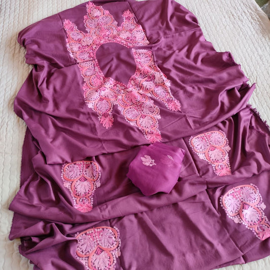 Mauve Shade Pure Rayon Kashmiri Aari Embroidered Suit Set - 3 Pc