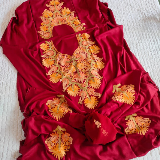 Maroon Shade Pure Rayon Kashmiri Aari Embroidered Suit Set - 3 Pc