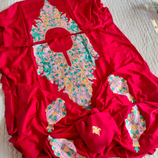 Red Shade Pure Rayon Kashmiri Aari Embroidered Suit Set - 3 Pc