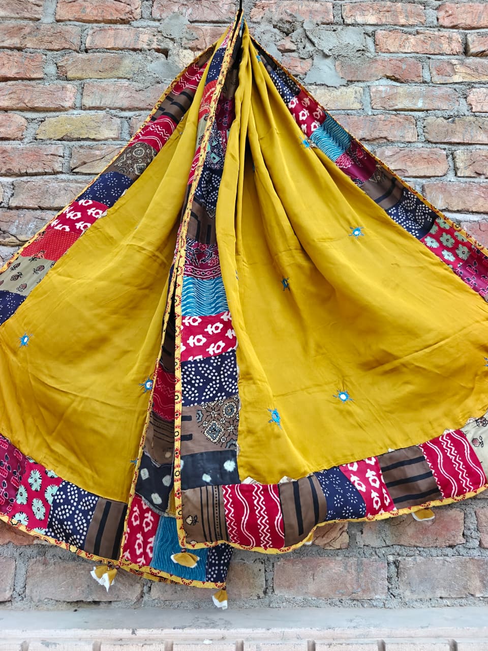 Mustard Yellow Ajrakh Applique Patchwork Modal Silk Dupatta with Tassels & Mirror Work