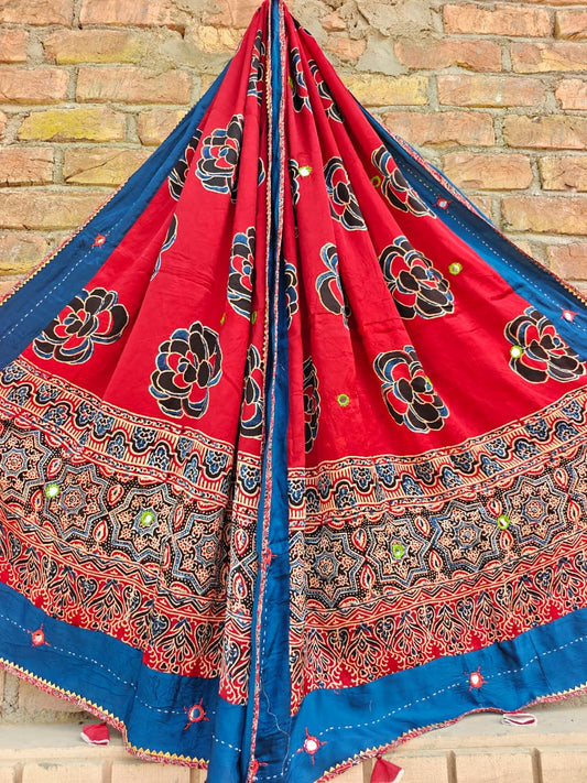 Red Shade Ajrakh Patchwork Modal Silk Dupatta with Mirror Work