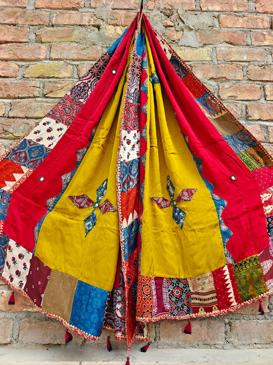Red Mustard Ajrakh Applique Patchwork Modal Silk Dupatta with Tassels & MirrorWork