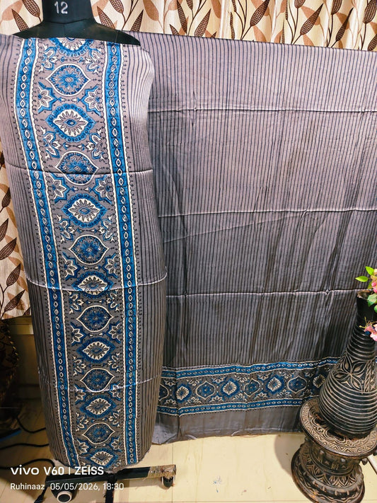 Rasin Blue Brown Badam Strip Hand Block Modal Silk 2pc with Modal Silk Dupatta