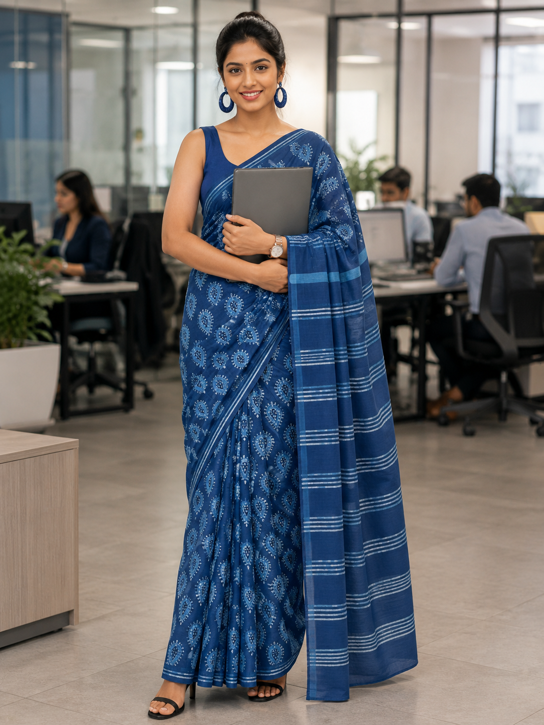 Teardrop Motif Indigo Akola Hand Block Mulmul Cotton Saree with Blouse
