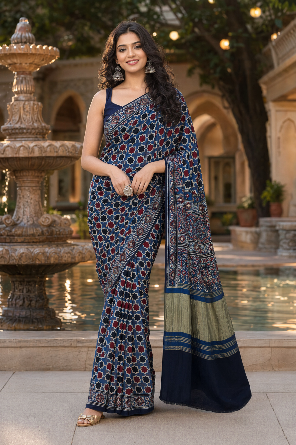 Indigo HoneyComb Ajrakh Hand Block Natural Dye Modal Silk Lagdi Patti Saree With Blouse