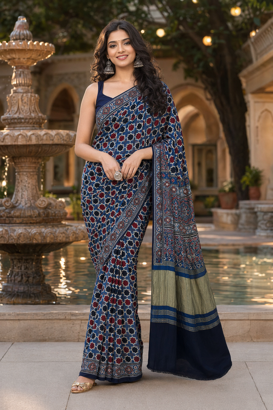 Indigo HoneyComb Ajrakh Hand Block Natural Dye Modal Silk Lagdi Patti Saree With Blouse