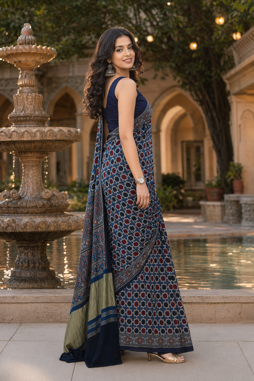 Indigo HoneyComb Ajrakh Hand Block Natural Dye Modal Silk Lagdi Patti Saree With Blouse