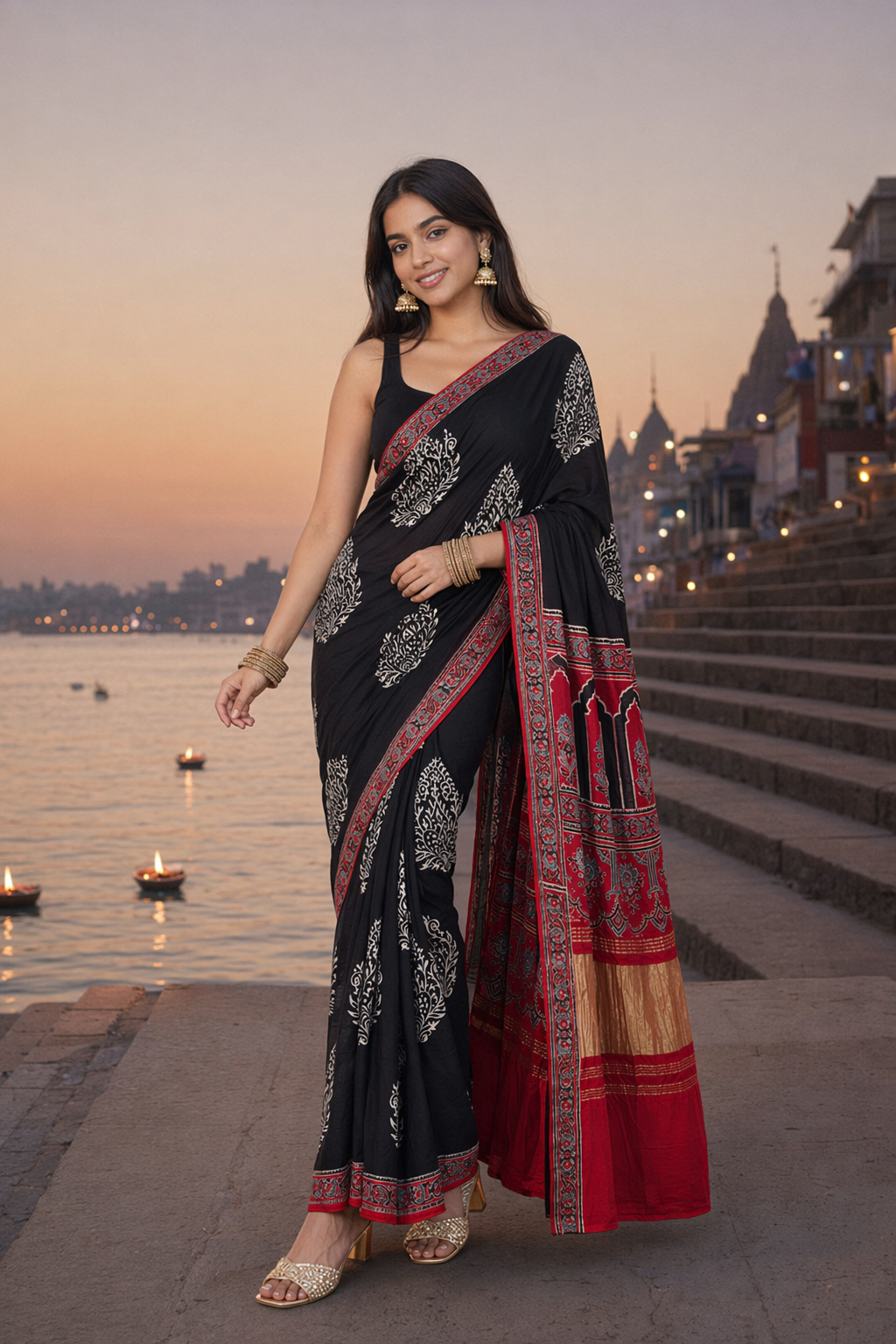 Black and Red Big Boota Ajrakh Hand Block Natural Dye Modal Silk Lagdi Patti Saree With Blouse