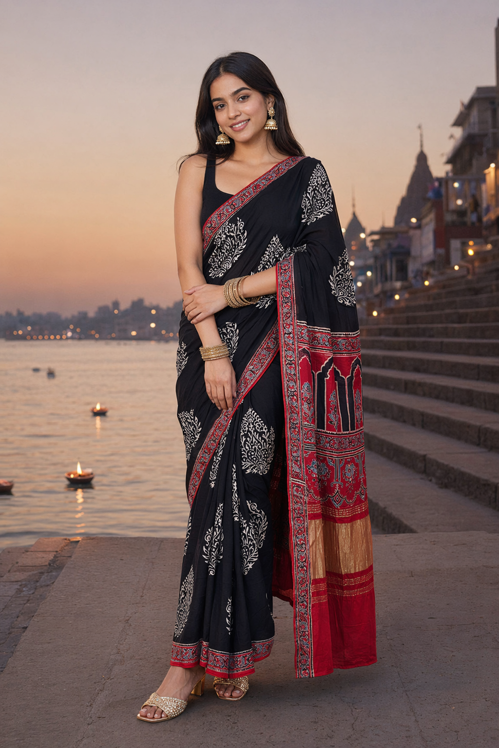 Black and Red Big Boota Ajrakh Hand Block Natural Dye Modal Silk Lagdi Patti Saree With Blouse