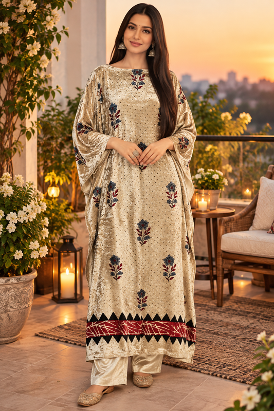 OffWhite Flower Motif Ajrakh Hand Block Velvet Unstitched Fabric (Kurta Only)