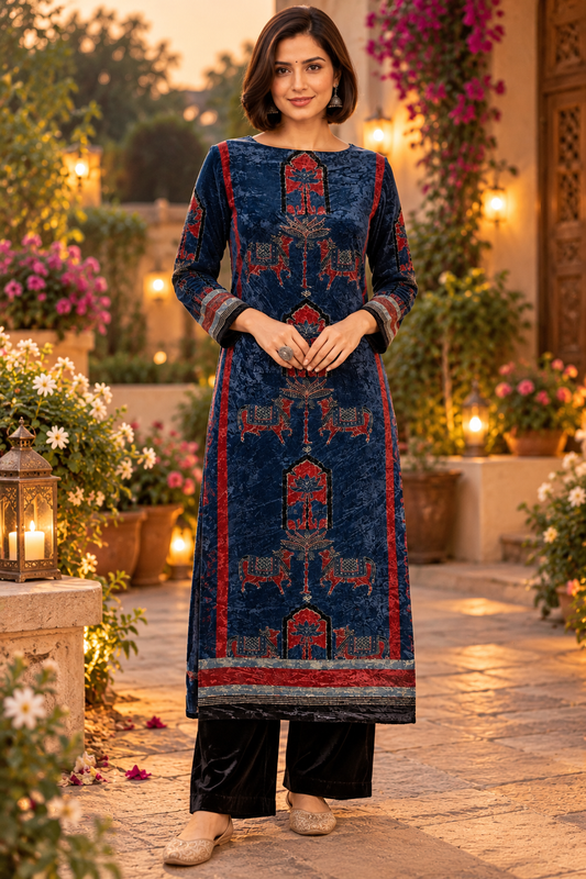 Blue Red Kamdhenu Ajrakh Hand Block Velvet Unstitched Fabric (Kurta Only)